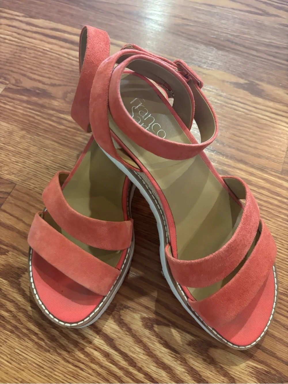 Franco Sarto Suede Ankle Strap Sandal Wedges Connolly Pink Coral Sz 7.5M